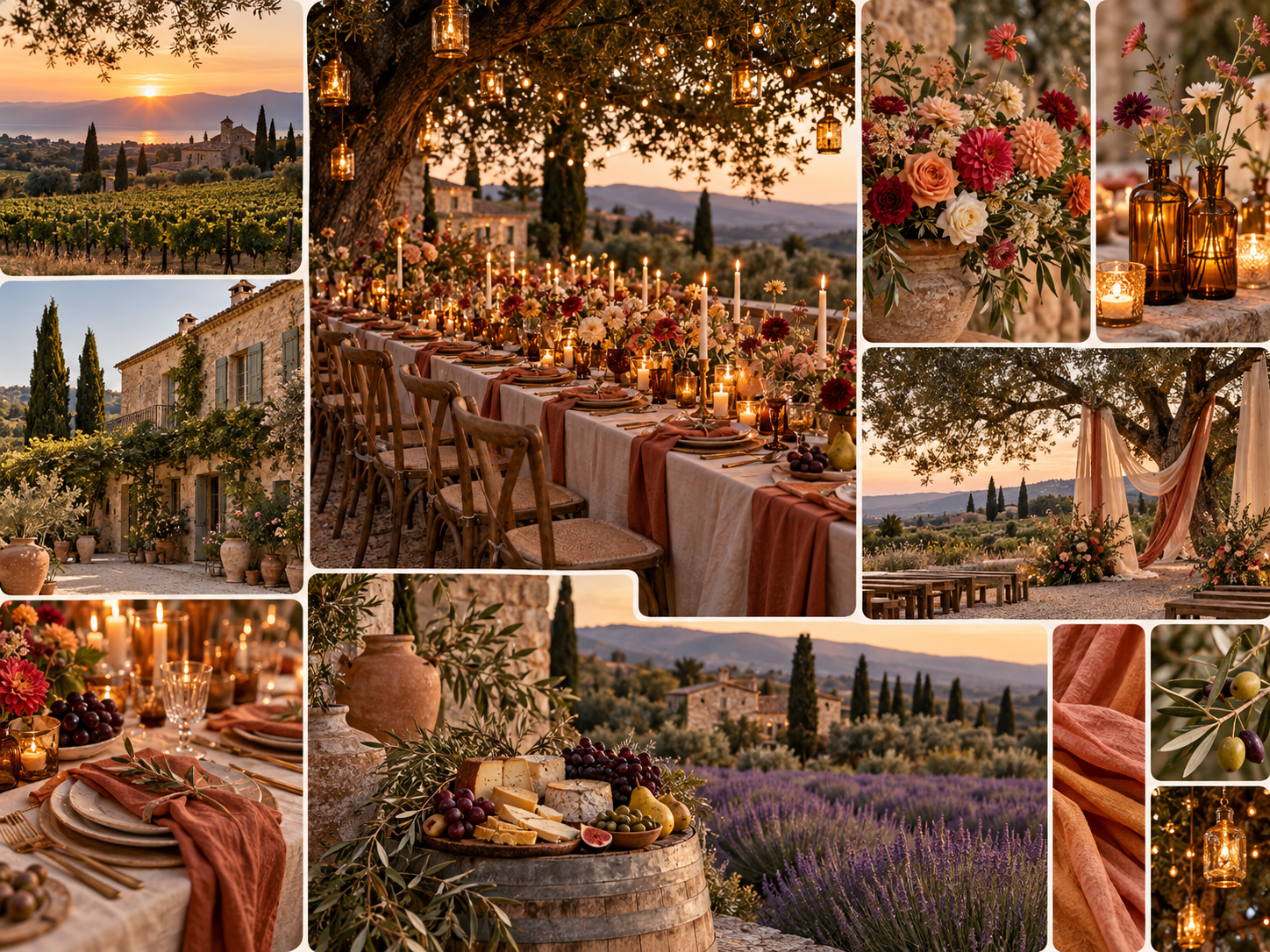 Ambiance provençale du mariage, dîner aux chandelles, fleurs colorées et bastide au coucher du soleil